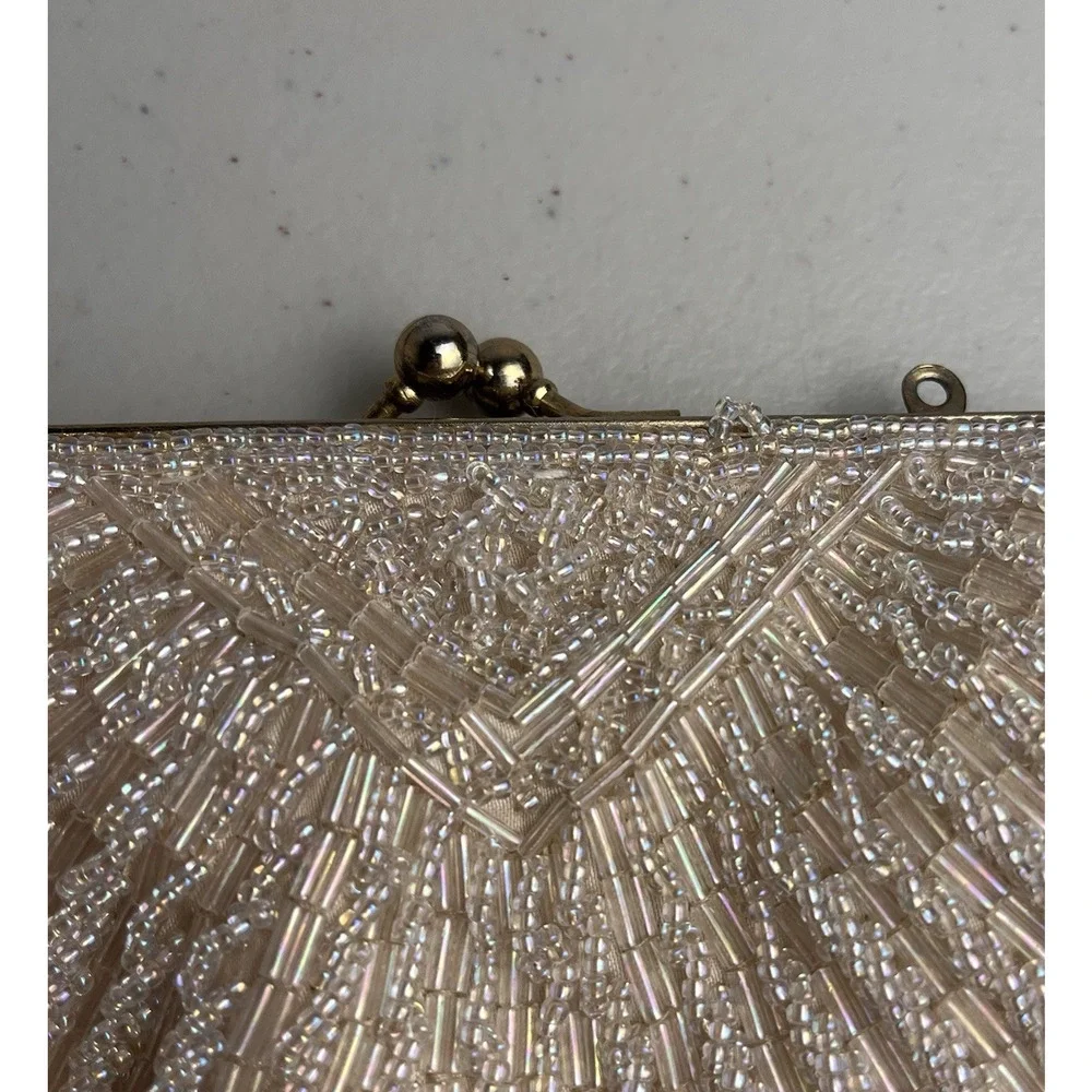 Cream Beaded Kiss Lock Clutch Evening Bag Vintage Retro Mid Century Handbag